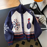 Christmas Print Long Sleeve Buttoned Sweater